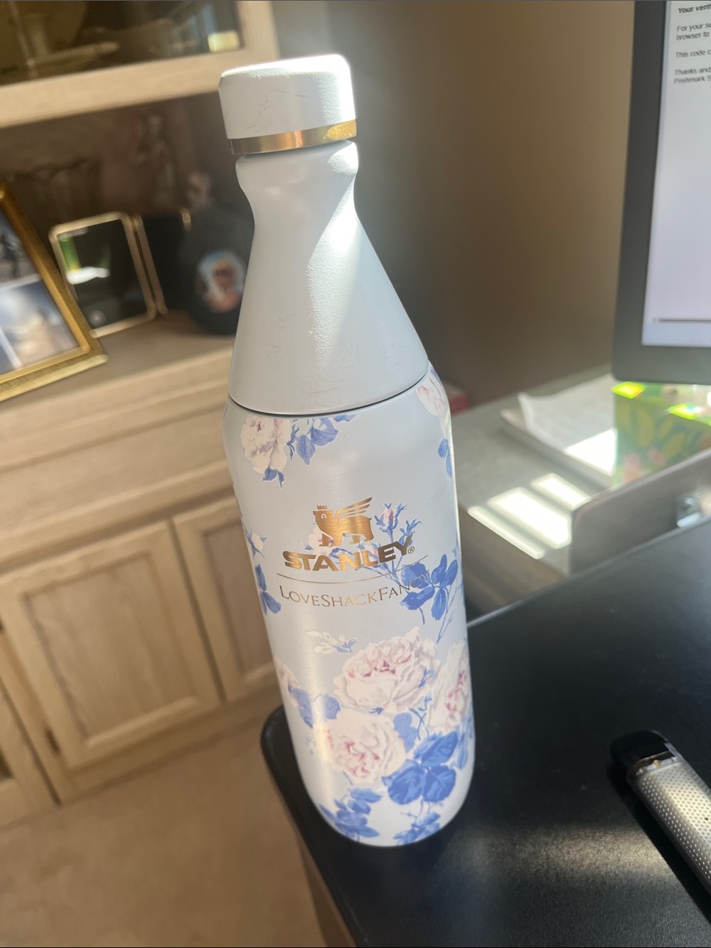 Stanley White Bottle with Blue & Pink Floral Design and Gold Logo